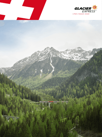 Auf der Broschüre ist der Glacier Express zu sehen, der durch einen grünen Wald vor schneebedeckten Bergen fährt.