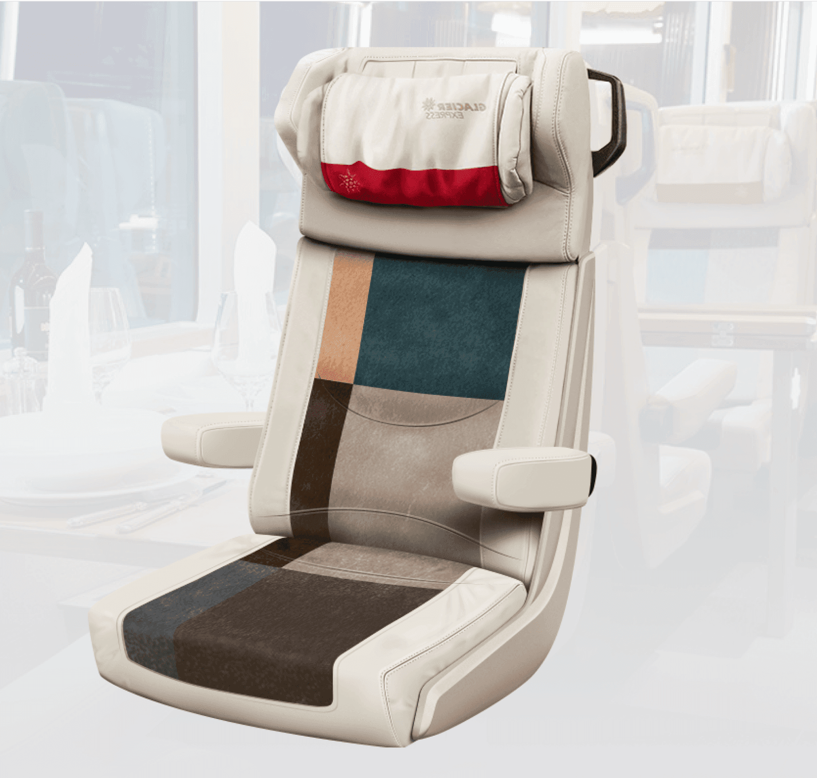 The image shows a luxurious Glacier Express train seat with a color-blocked design, armrests, and an embroidered headrest, set against an upscale dining area backdrop.