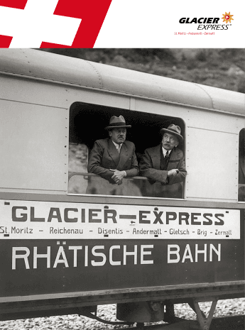 Auf der Broschüre ist der Glacier Express zu sehen, mit zwei Männern in traditioneller Kleidung, die aus einem Zugfenster schauen.